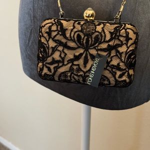 BNWT- Tadashi Shoji Black Lace Evening Clutch Bag with Detachable Shoulder Chain